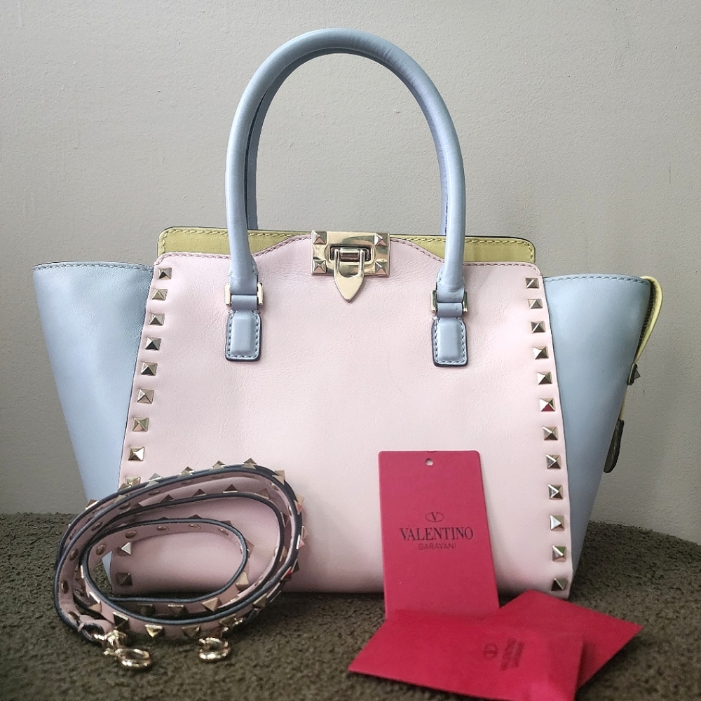 Valentino Tri Color Leather Small Rockstud Shopper Tote